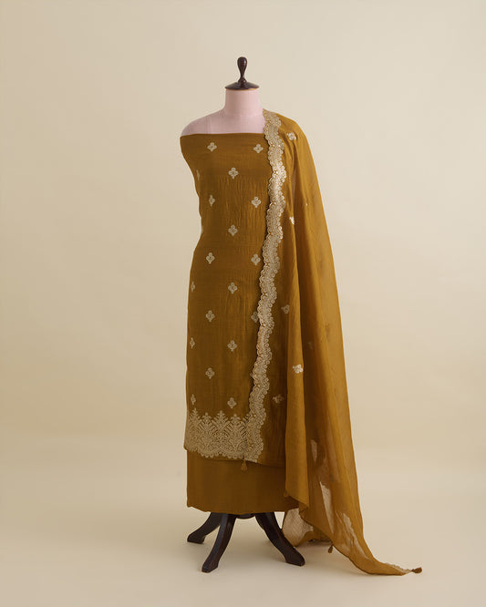 Mustard Mal Chanderi kurta with sequence zari embroidery, matching butti dupatta and shantoon bottom set