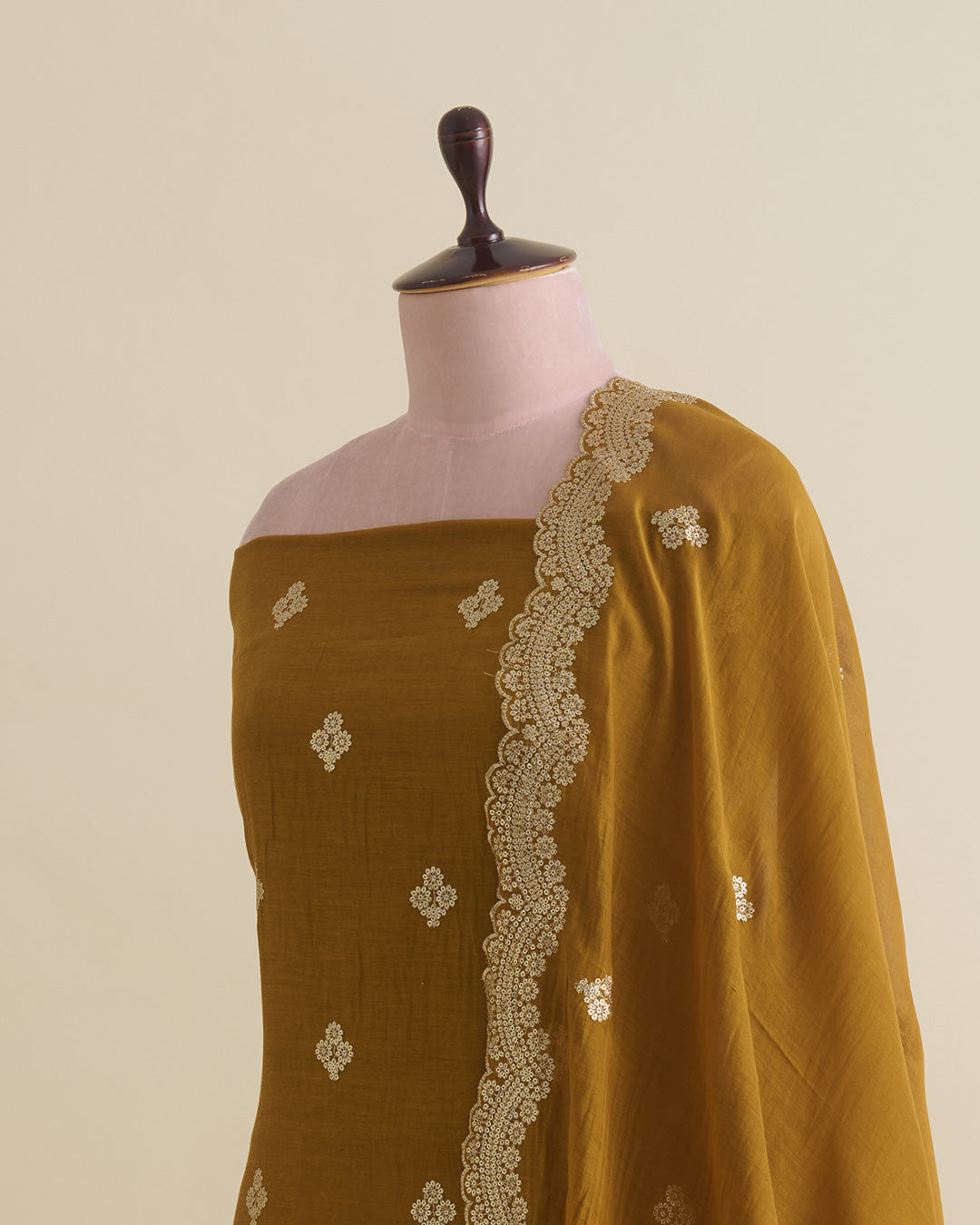 Mustard Mal Chanderi kurta with sequence zari embroidery, matching butti dupatta and shantoon bottom set