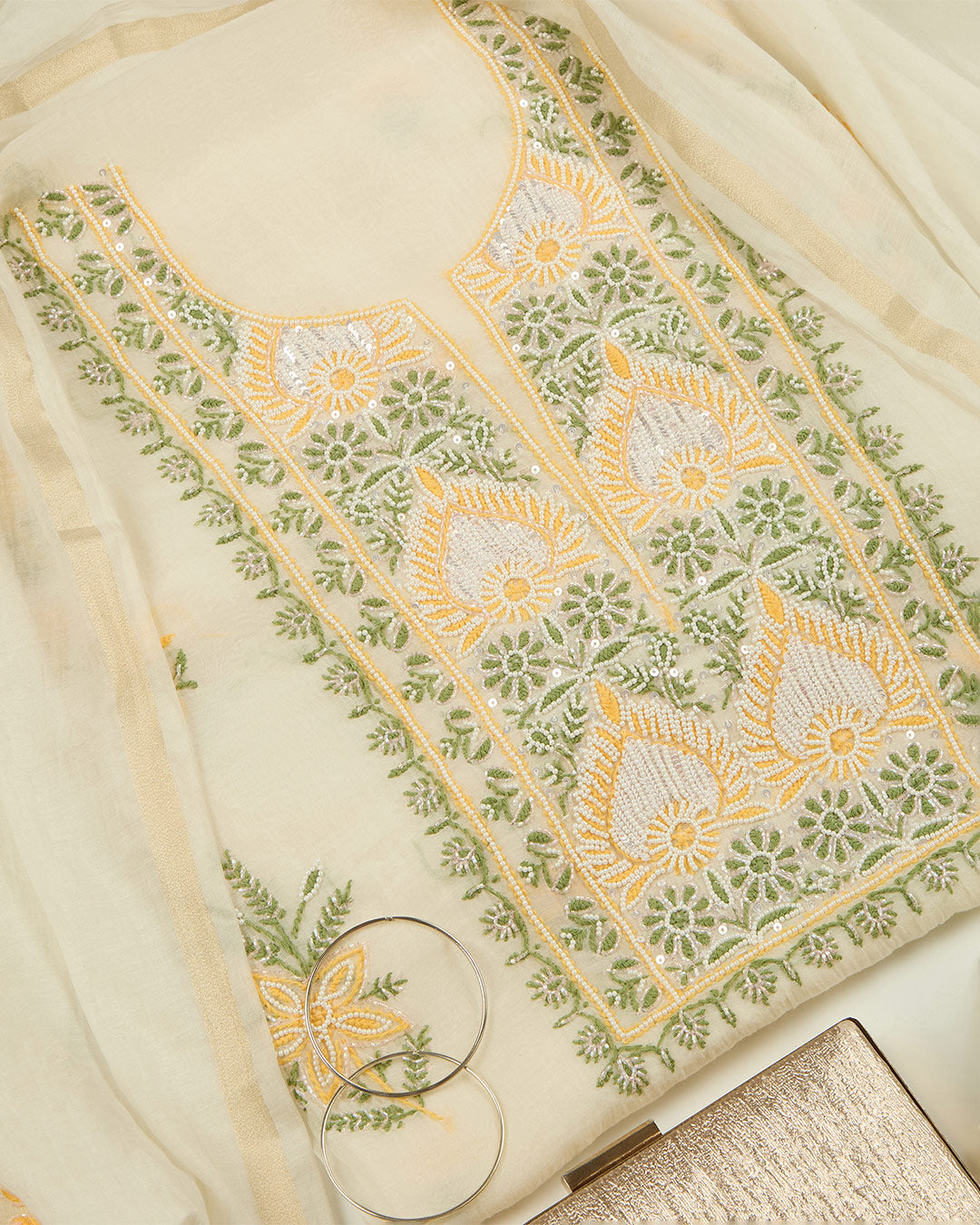 Off White Chanderi Multicolour Lucknowi Embroidered Suit Set (No Bottom)