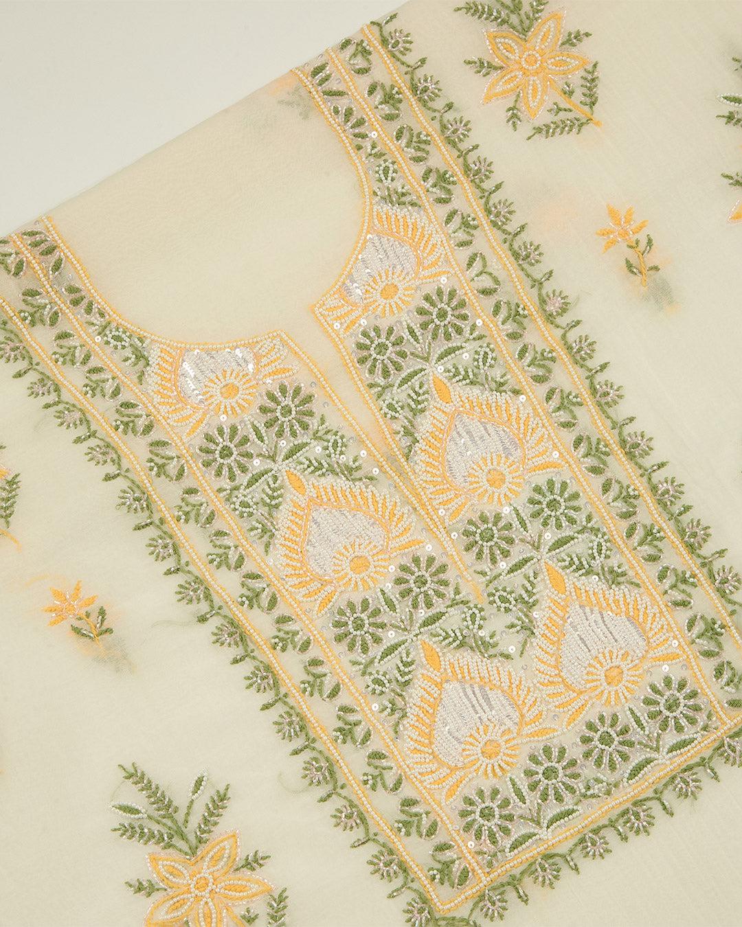 Off White Chanderi Multicolour Lucknowi Embroidered Suit Set (No Bottom)