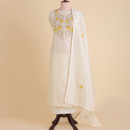 Off White Yellow Fine Chanderi Gota Lacchi Embroidered Suit