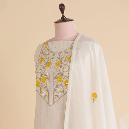 Off White Yellow Fine Chanderi Gota Lacchi Embroidered Suit