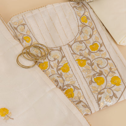 Off White Yellow Fine Chanderi Gota Lacchi Embroidered Suit