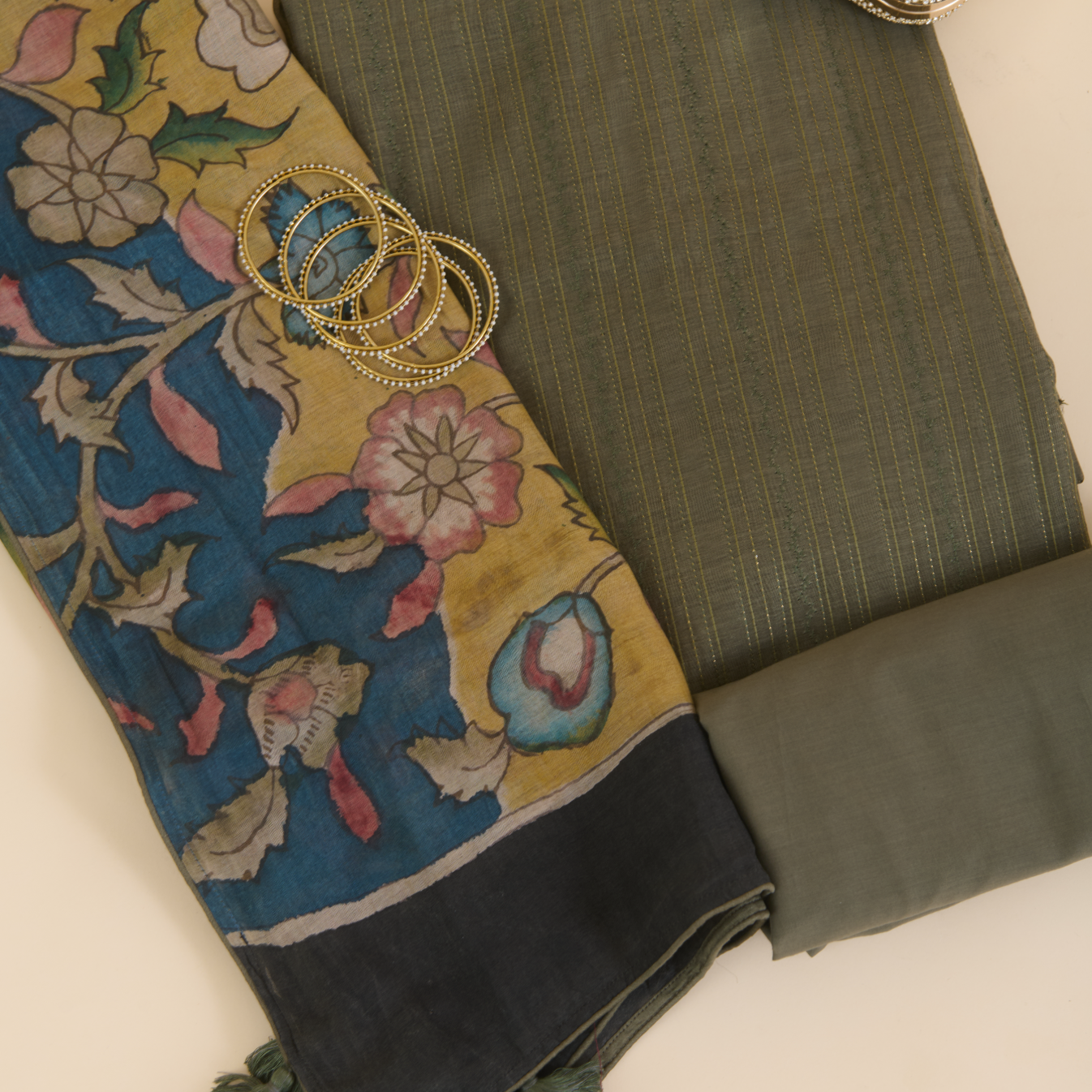 Olive Green Fine Chanderi Self Embroidered Kurta Set