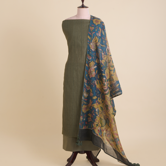 Olive Green Fine Chanderi Self Embroidered Kurta Set