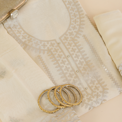 Off White Fine Chanderi Leather Embroidered Suit Set