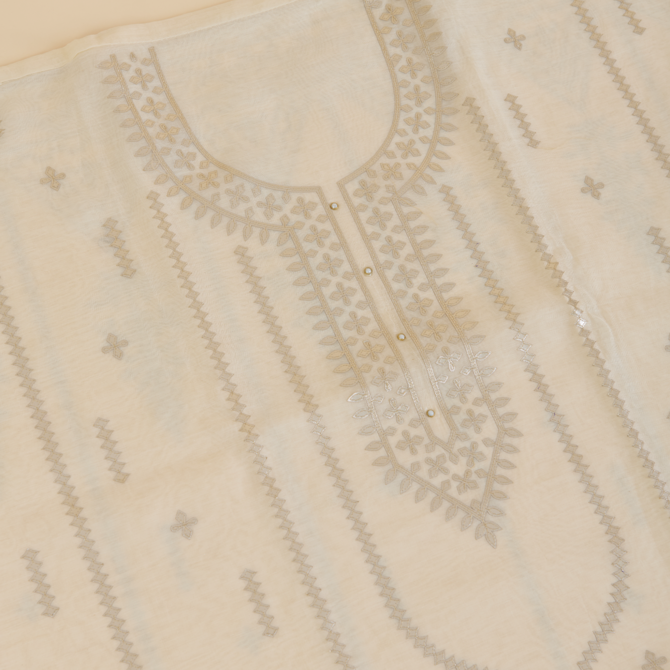 Off White Fine Chanderi Leather Embroidered Suit Set