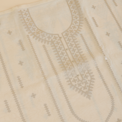 Off White Fine Chanderi Leather Embroidered Suit Set