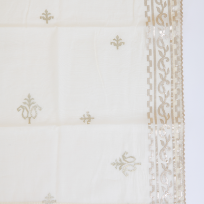 Off White Fine Chanderi Leather Embroidered Suit Set