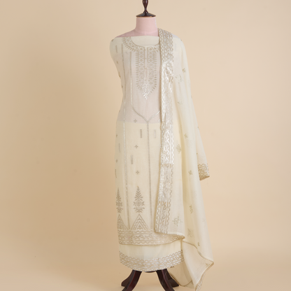 Off White Fine Chanderi Leather Embroidered Suit Set