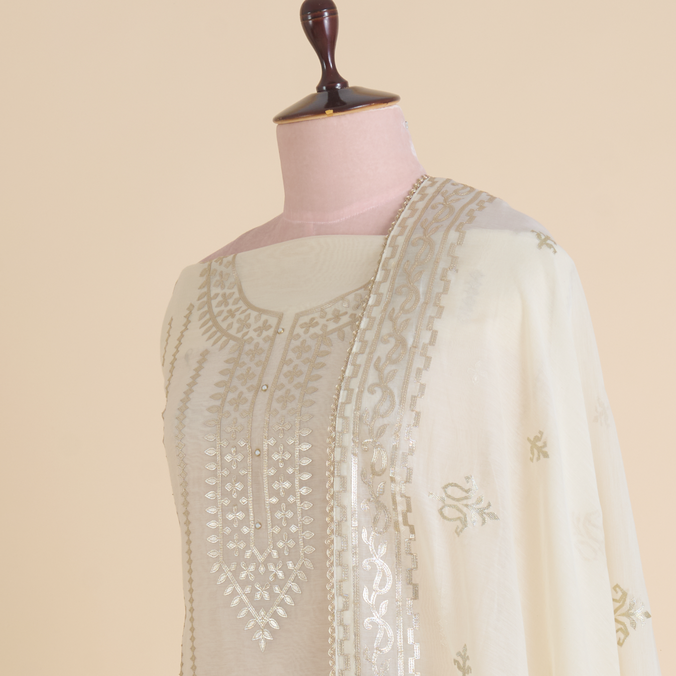 Off White Fine Chanderi Leather Embroidered Suit Set