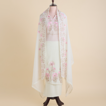 Off White Fine Chanderi Thread Embroidered Suit Set
