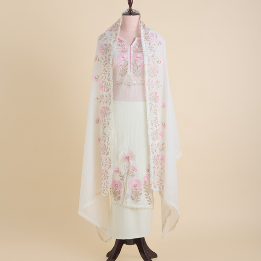 Off White Fine Chanderi Thread Embroidered Suit Set