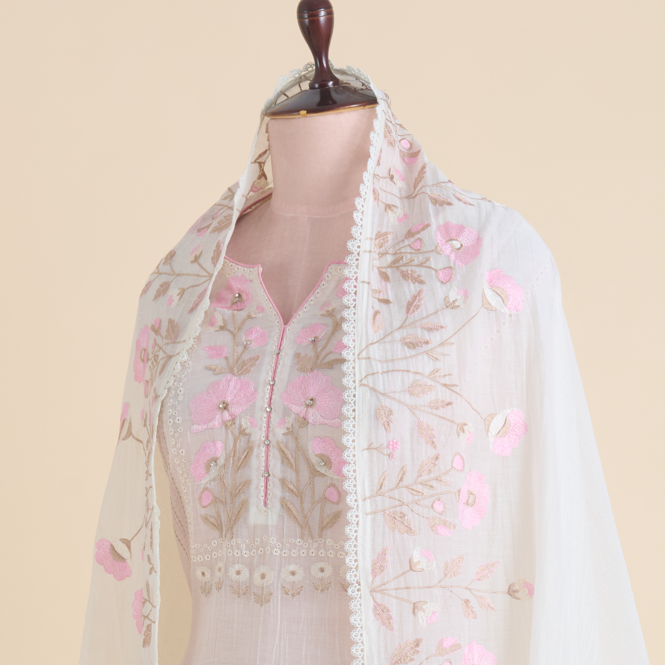 Off White Fine Chanderi Thread Embroidered Suit Set