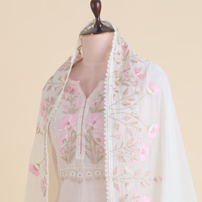 Off White Fine Chanderi Thread Embroidered Suit Set