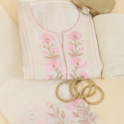Off White Fine Chanderi Thread Embroidered Suit Set