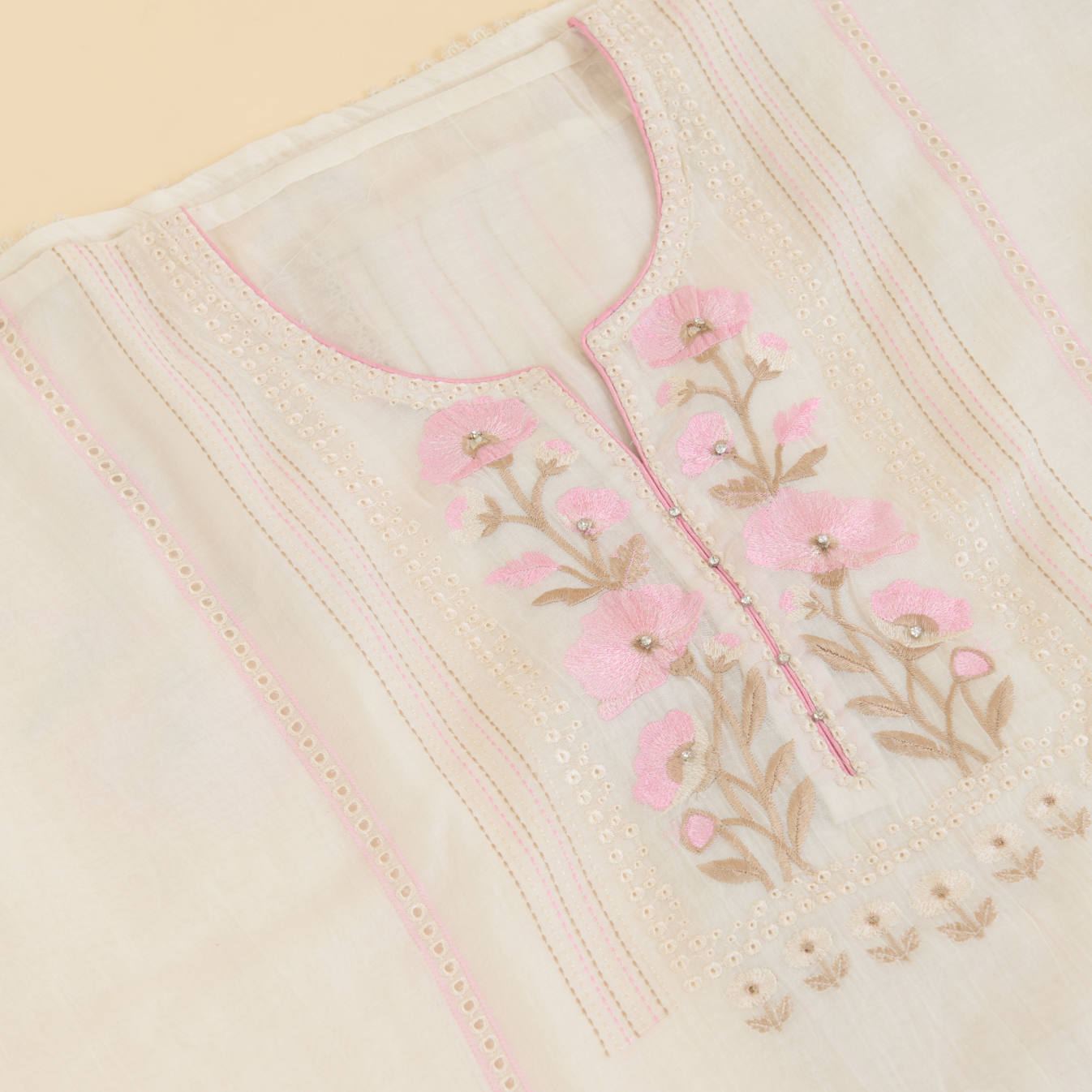 Off White Fine Chanderi Thread Embroidered Suit Set