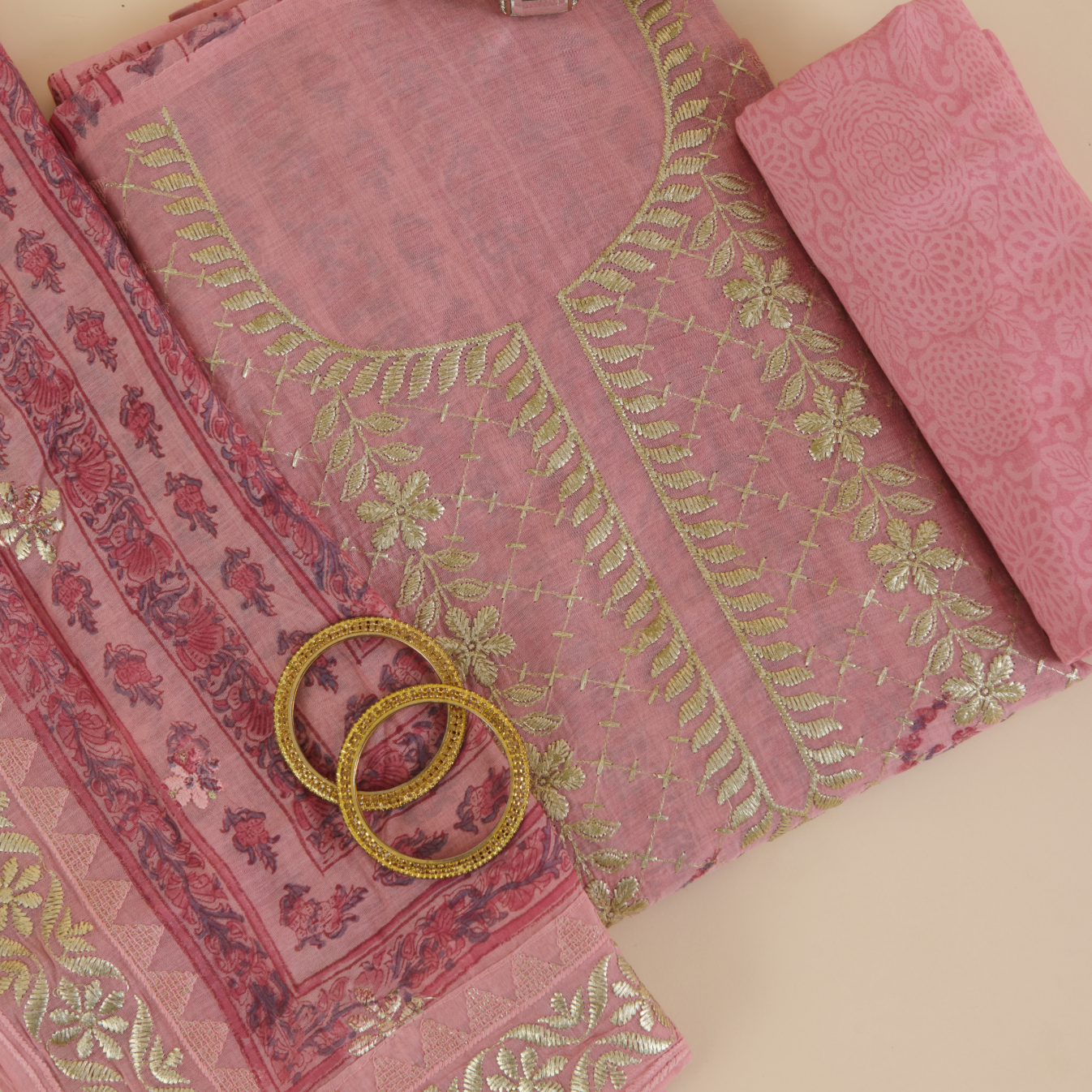 Onion Pink Fine Chanderi Printed Thread Zari Kurta Set