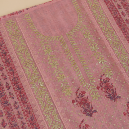 Onion Pink Fine Chanderi Printed Thread Zari Kurta Set