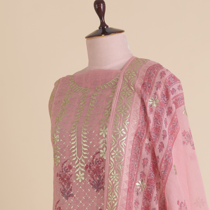 Onion Pink Fine Chanderi Printed Thread Zari Kurta Set