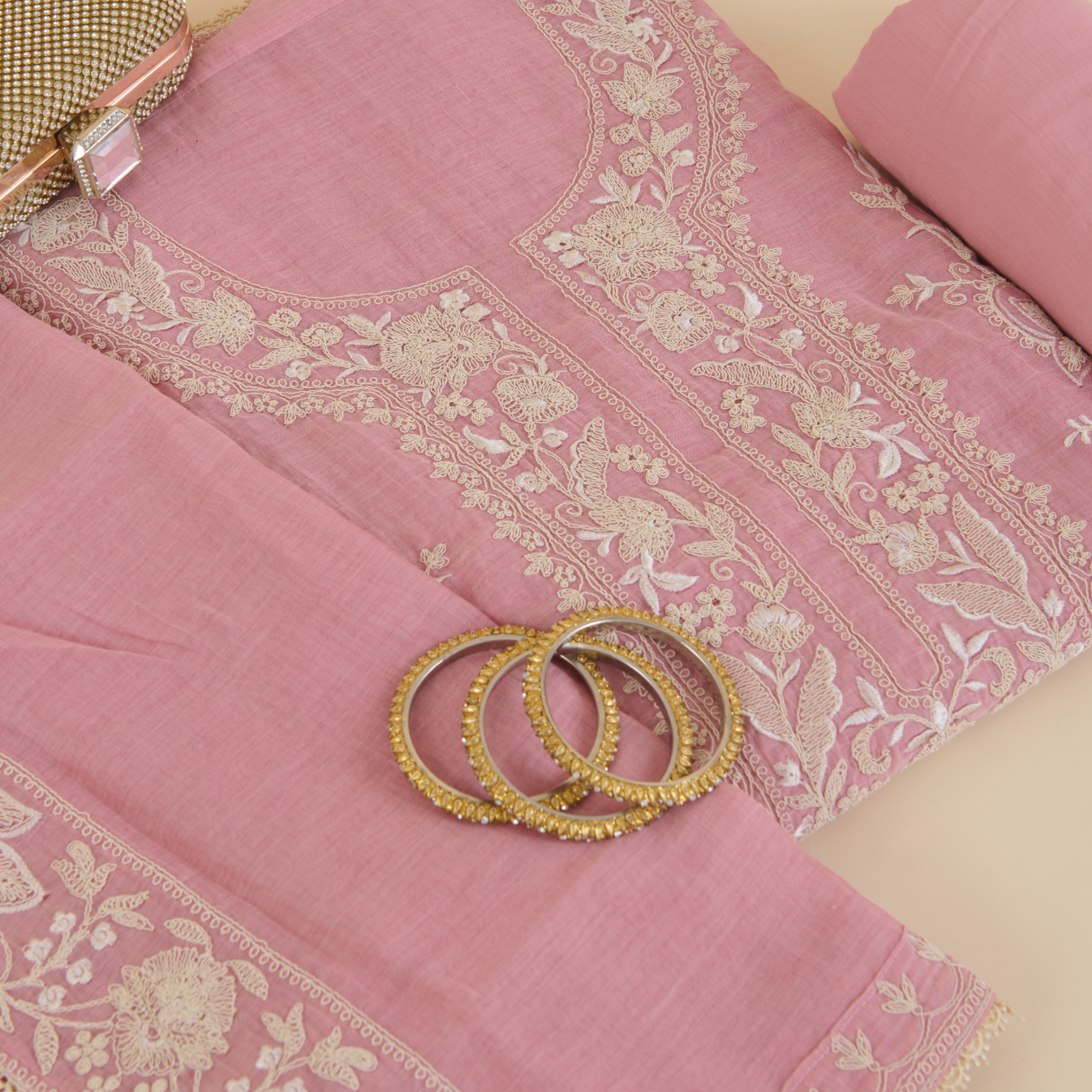 Onion Pink Fine Chanderi Dori Thread Jaal Embroidered Suit