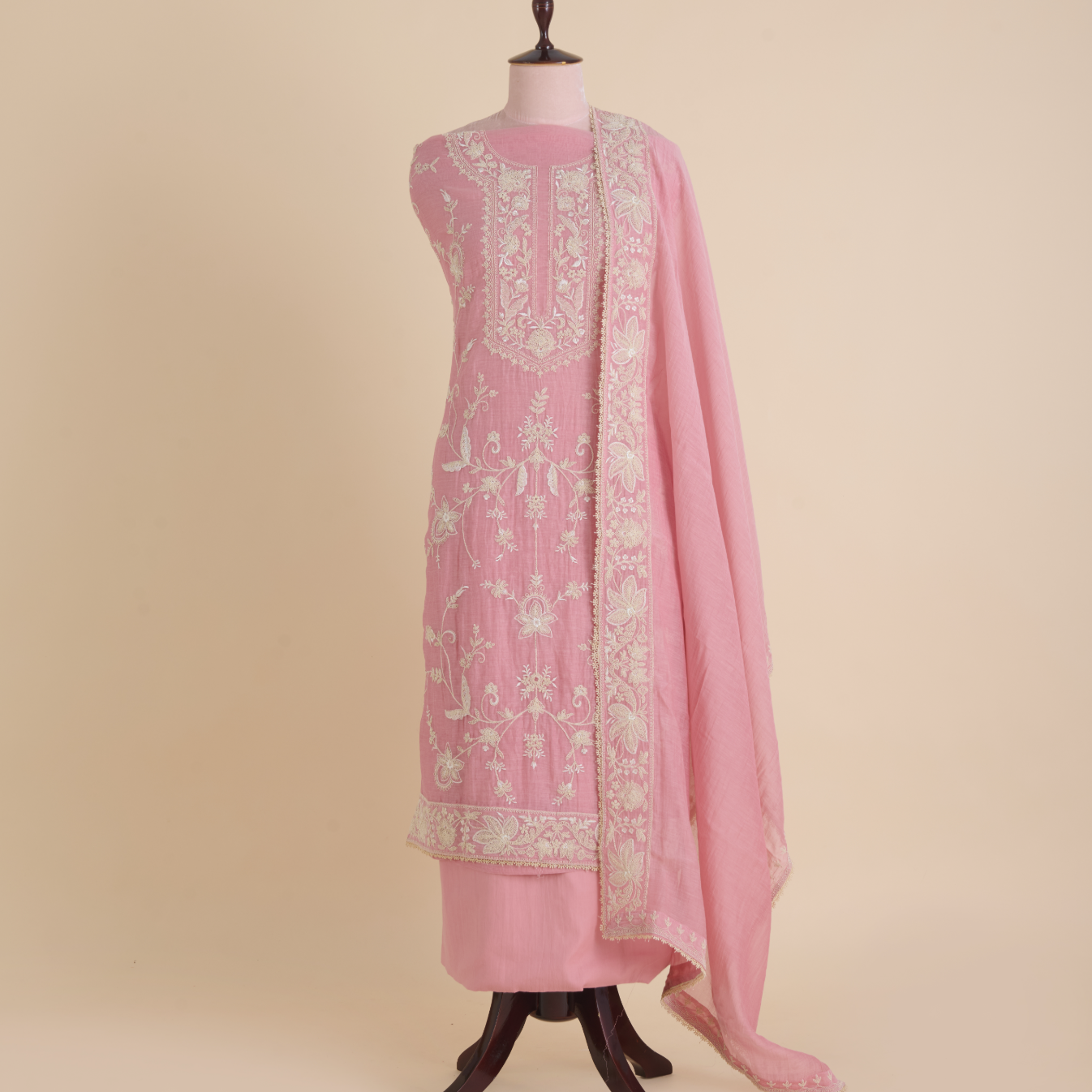 Onion Pink Fine Chanderi Dori Thread Jaal Embroidered Suit