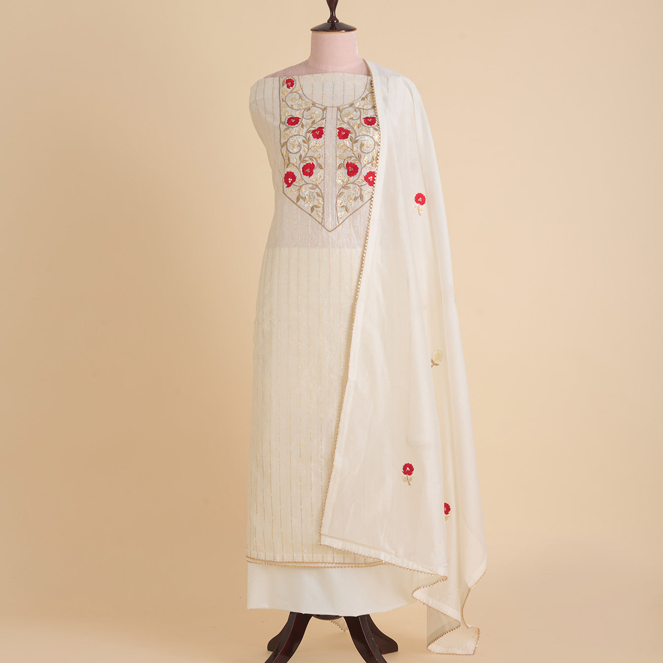 Off White Red Fine Chanderi Woven Suit with Embroidered Dupatta