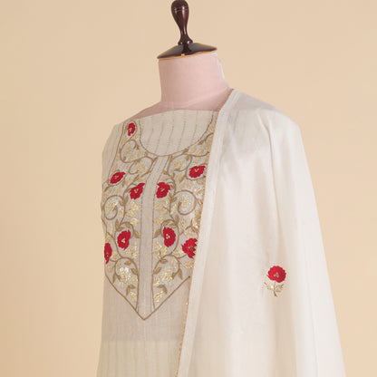 Off White Red Fine Chanderi Woven Suit with Embroidered Dupatta