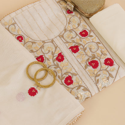 Off White Red Fine Chanderi Woven Suit with Embroidered Dupatta