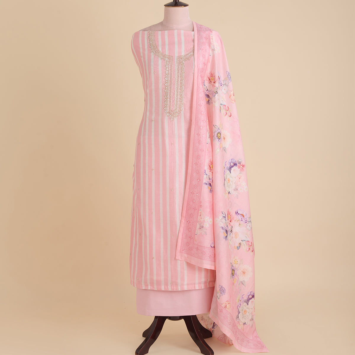 Off White Peach Fine Chanderi Striped Kurta with Embroidered Neck & Buti