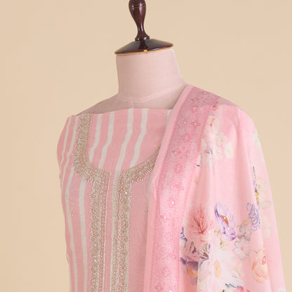 Off White Peach Fine Chanderi Striped Kurta with Embroidered Neck & Buti