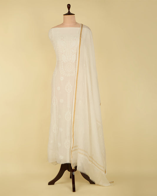 Off White Chanderi Lucknowi Embroidered Suit Set without Bottom
