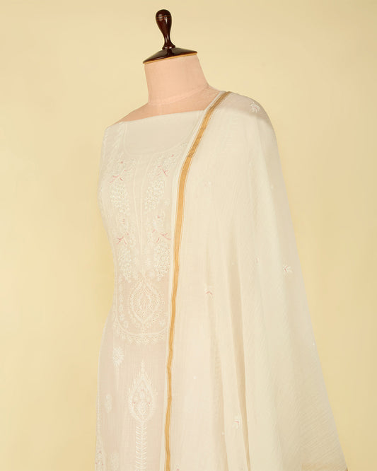 Off White Chanderi Lucknowi Embroidered Suit Set (No Bottom)