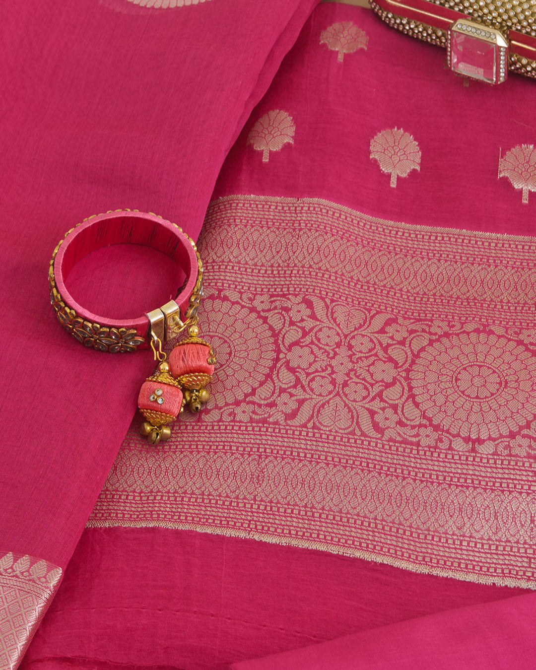 Pink Mal Chanderi Woven Motif & Butti Suit Set