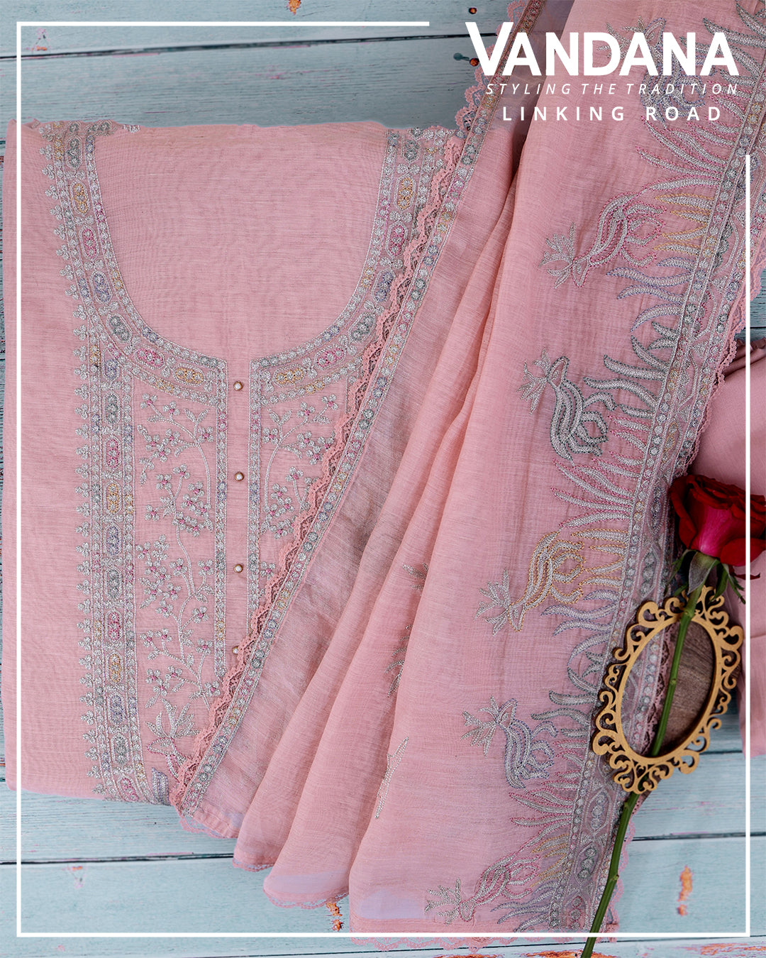 Peach Fine Chanderi Suit with Resham Zari Embroidery & Dupatta