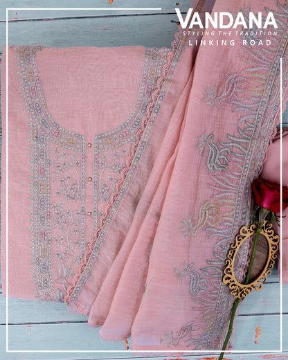 Peach Fine Chanderi Suit with Resham Zari Embroidery & Dupatta