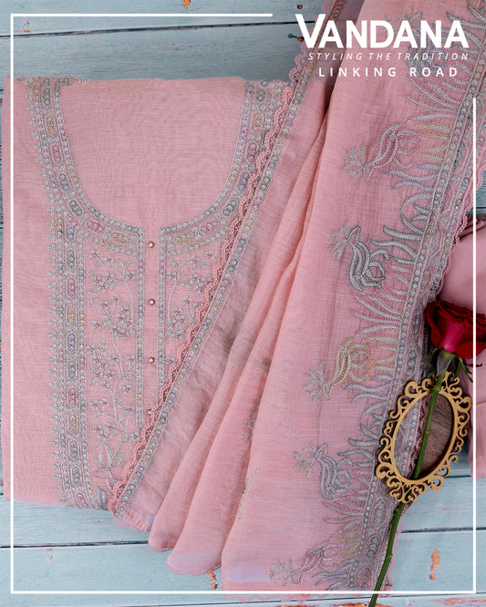 Peach Fine Chanderi Suit with Resham Zari Embroidery & Dupatta