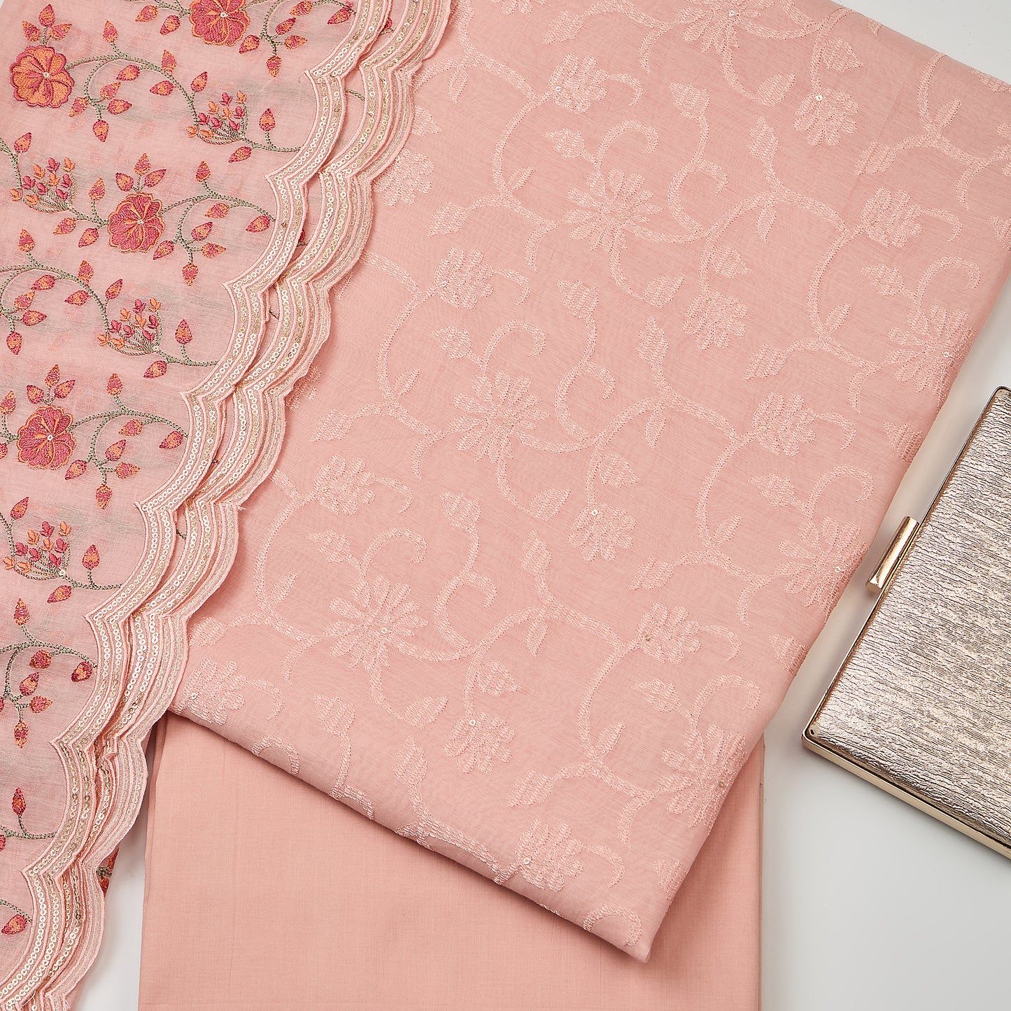 Peach Chanderi Kurta Set with Thread Embroidered Dupatta