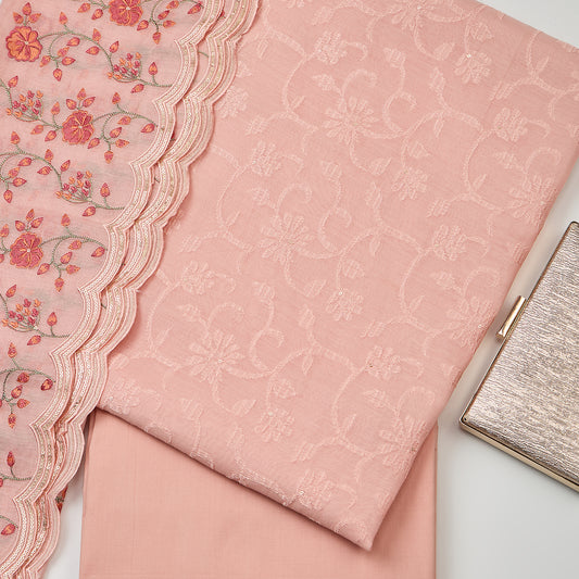 Peach Chanderi Kurta Set with Thread Embroidered Dupatta