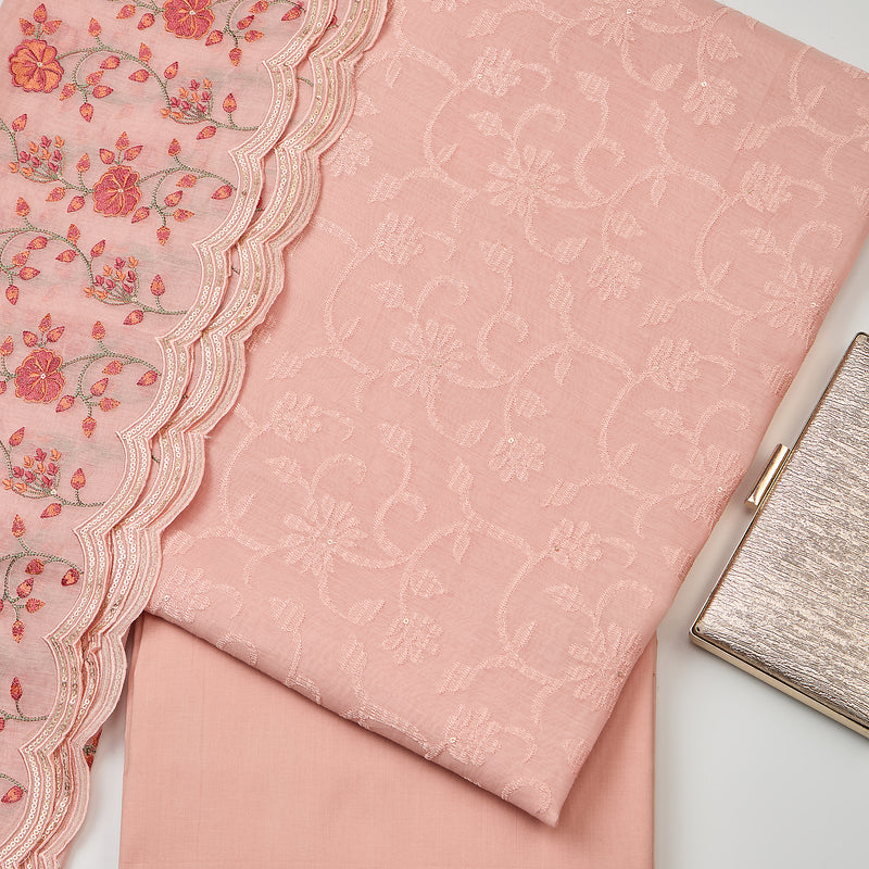 Peach Chanderi Kurta Set with Thread Embroidered Dupatta
