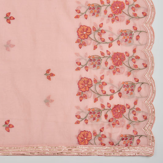 Peach Chanderi Kurta Set with Thread Embroidered Dupatta