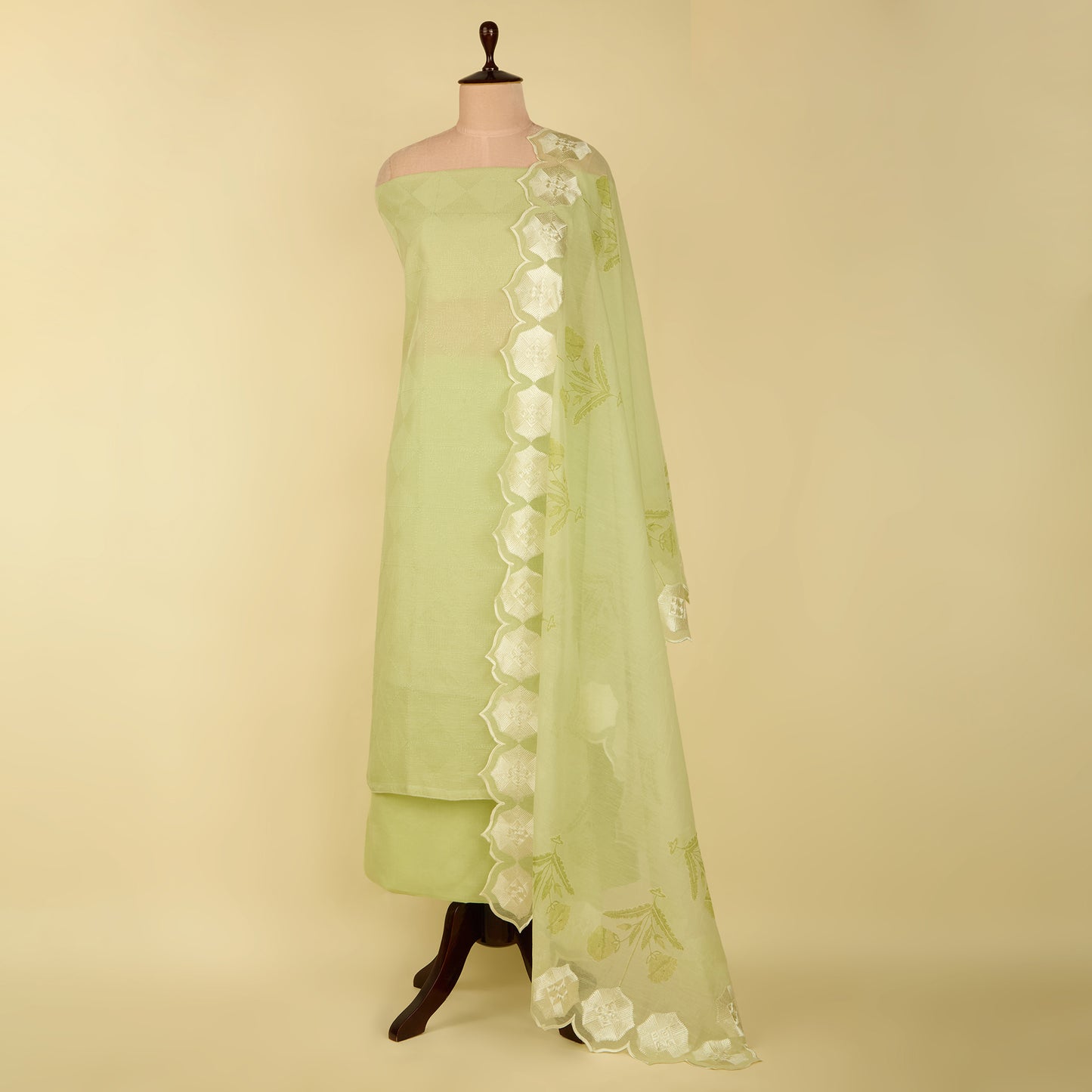 Pista Green Fine Chanderi Self Embroidered Suit with Printed Dupatta