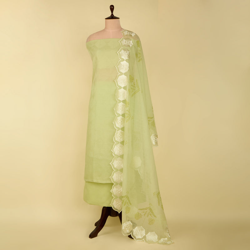 Pista Green Fine Chanderi Self Embroidered Suit with Printed Dupatta