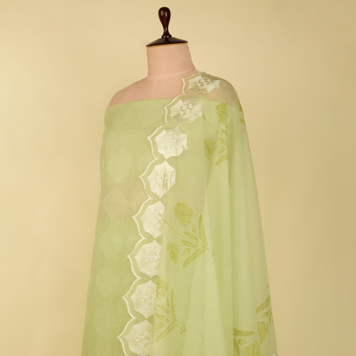 Pista Green Fine Chanderi Self Embroidered Suit with Printed Dupatta