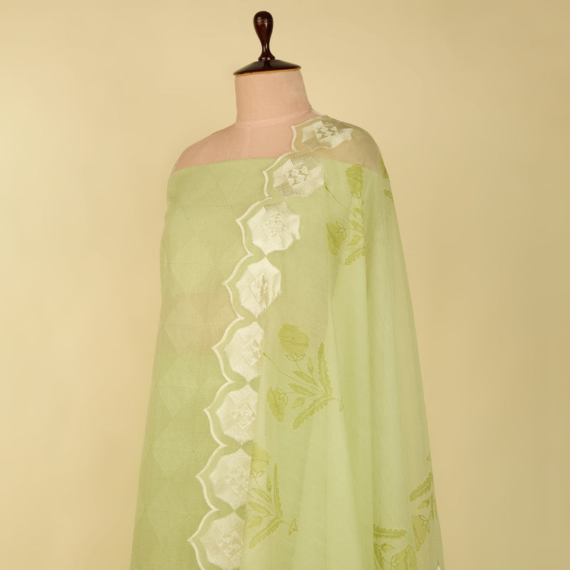 Pista Green Fine Chanderi Self Embroidered Suit with Printed Dupatta