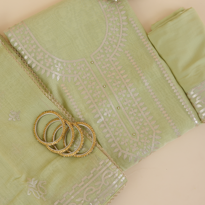 Pista Green Fine Chanderi Leather Embroidered Suit Set