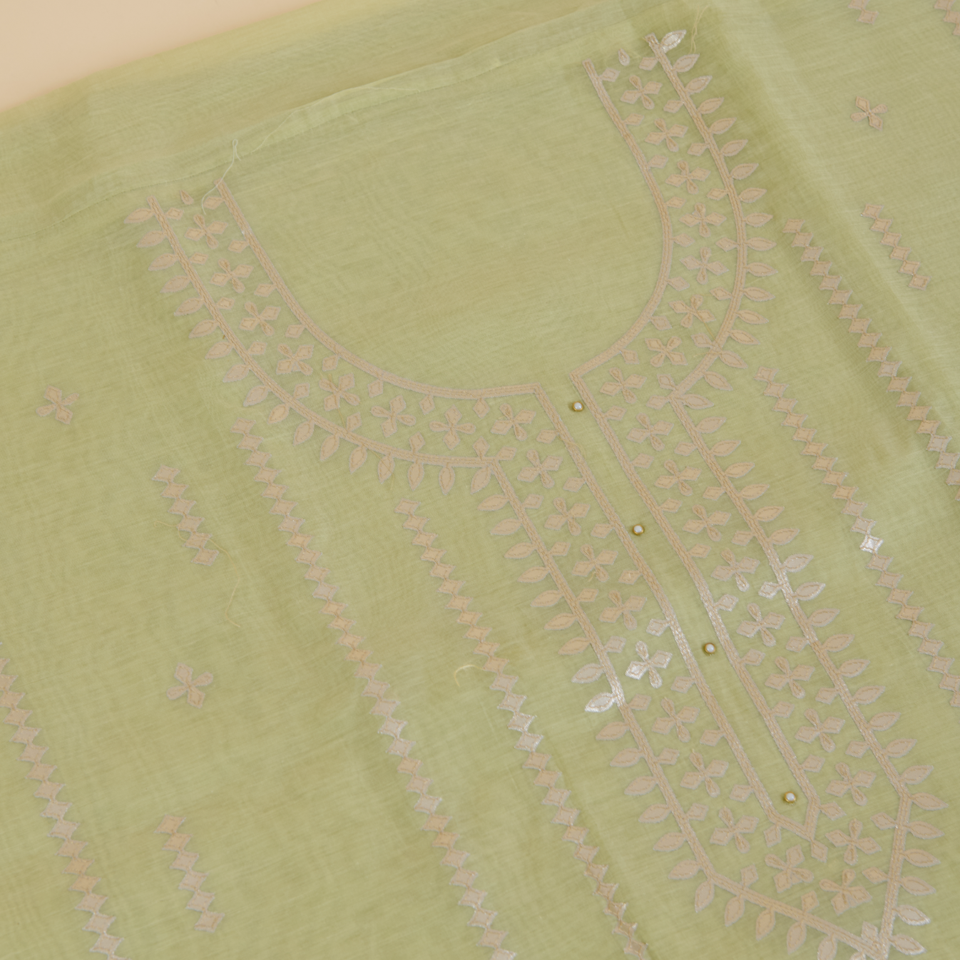 Pista Green Fine Chanderi Leather Embroidered Suit Set