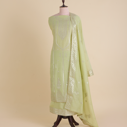 Pista Green Fine Chanderi Leather Embroidered Suit Set