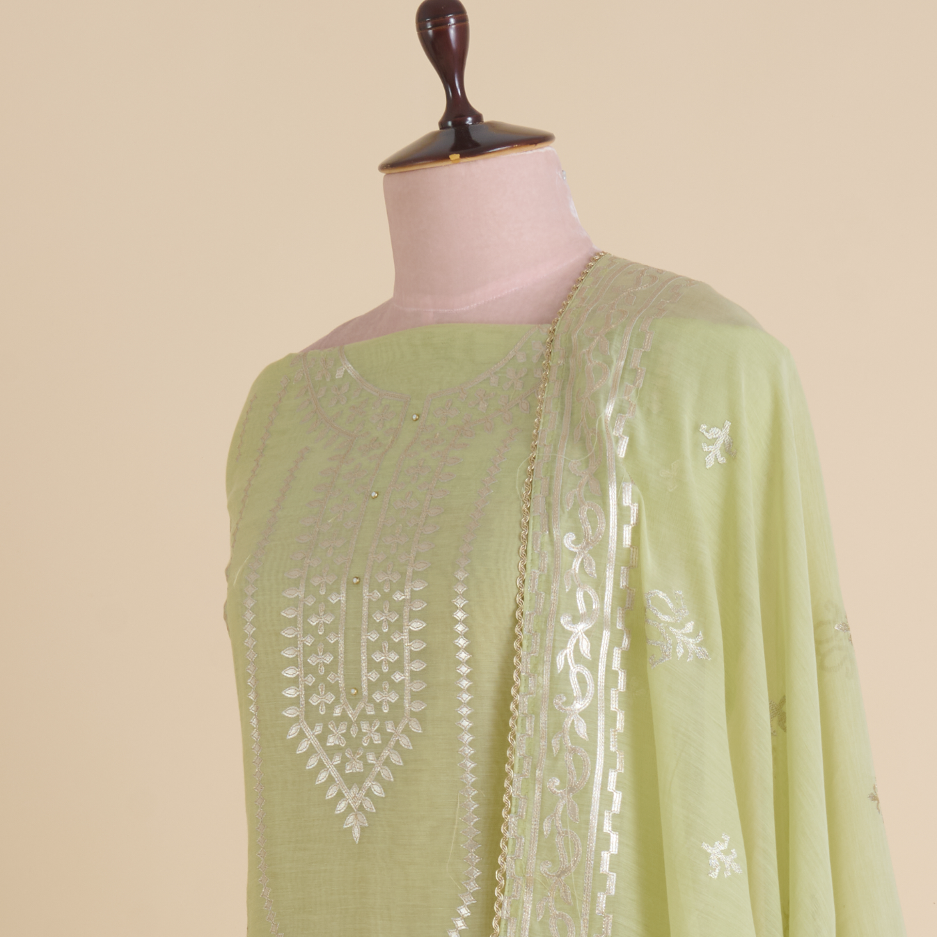 Pista Green Fine Chanderi Leather Embroidered Suit Set
