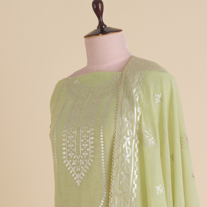 Pista Green Fine Chanderi Leather Embroidered Suit Set
